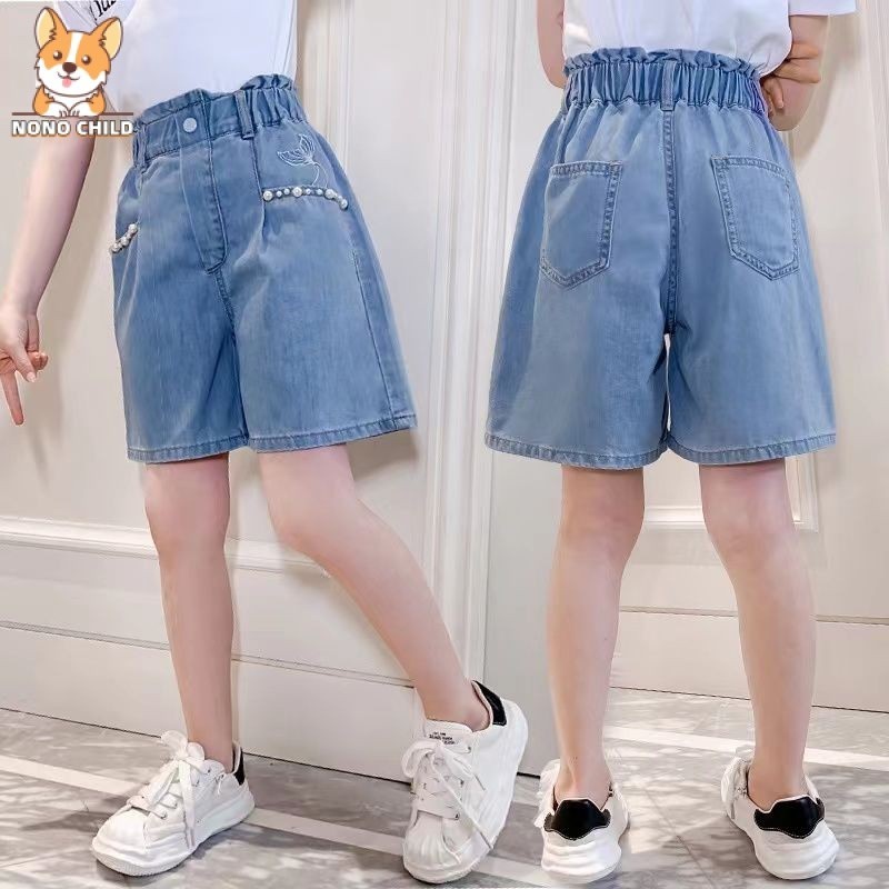 เลขที่ 2024 ฤดูร้อนสาวกางเกงขาสั้นผ้ายีนส์แฟชั่นสบายๆขาตรงกางเกงขาสั้นผ้ายีนส์ 3 ถึง 4 ถึง 5 ถึง 6 ถึง 7 ถึง 8 ถึง 9 ถึง 10 ถึง 11 ถึง 12 ปีหญิงสูงเอวหลวมไตรมาสกางเ