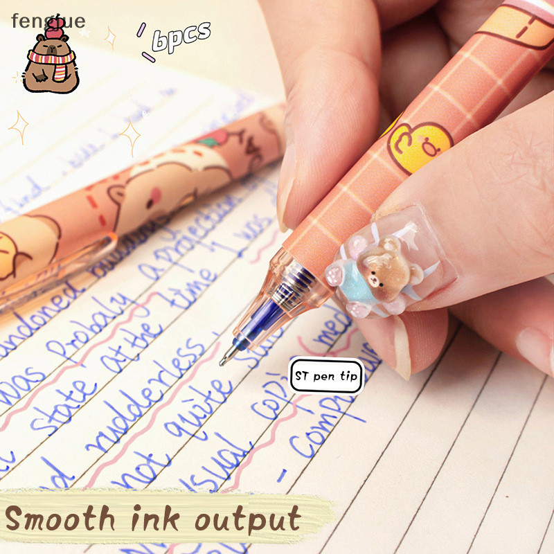 Fengjue 6 ชิ้นน่ารัก Capybara ปากกาเจล Kawaii ชุดปากกา Quick-Drying Blue Erasable ปากกาสํานักงานอุปกรณ์การเรียน Kawaii ความงามเครื่องเขียน TH