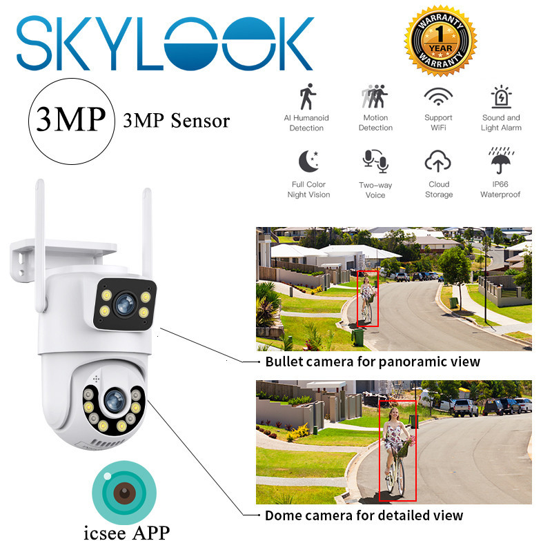 กล้องวงจรปิด Skylook เลนส์คู่ APP iCSEE ใหม่ 2023 กล้องวงจรปิดไร้สาย ความละเอียด 6MP Outdoor ภาพสี ม