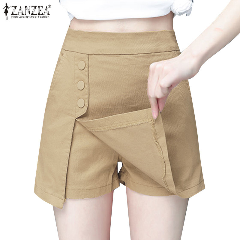 ZANZEA ซานเซีย ผู้หญิงเกาหลีลําลองสีทึบตกแต่งหัวเข็มขัดกางเกงขาสั้นไม่สม่ําเสมอ