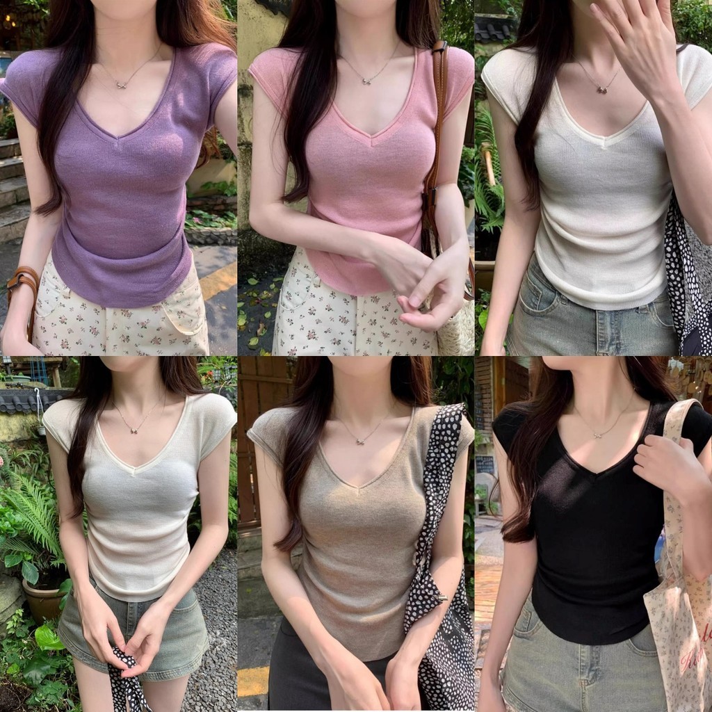 ✨Soroh✨เสื้อยืด คอวี สีพื้น เข้ารูป หลากสี ผ้านุ่ม🎇แขนสั้น สไตล์เกาหลี มินิมอล🌟#X52