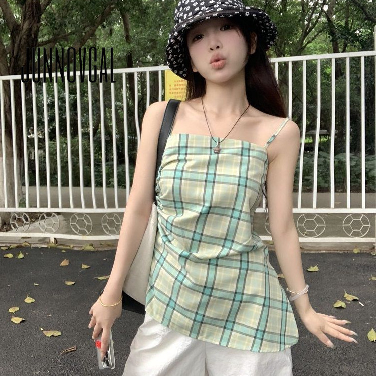 Junnovgal เสื้อชั้นในสตรีสตรีเชือกแขวนคอสีตัดกันลายตารางหมากรุกสลิมฟิต 2024 ลําลองสไตล์ใหม่