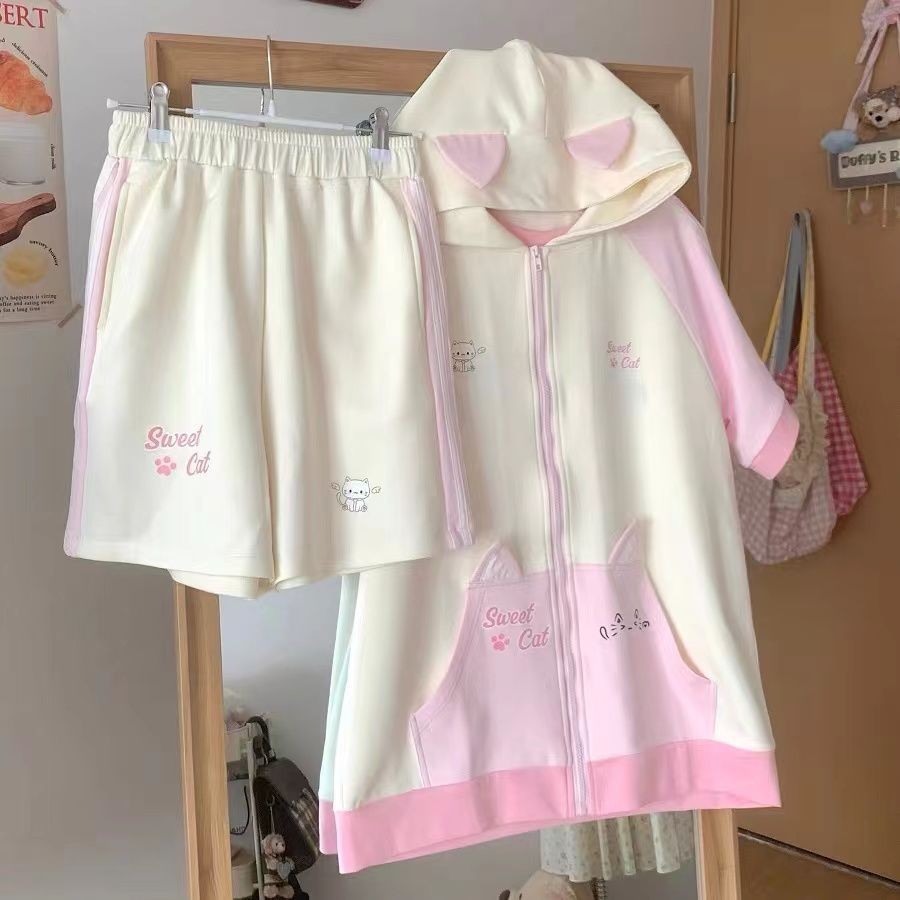 X-สีส้ม [ชุดสูทสองชิ้น] หูแมวญี่ปุ่นน่ารักเสื้อยืดคลุมด้วยผ้ากีฬาแขนสั้นด้านบน + กางเกงขาสั้น 2024 ฤดูร้อนสไตล์ใหม่ อิน ลําลองเสื้อผ้าผู