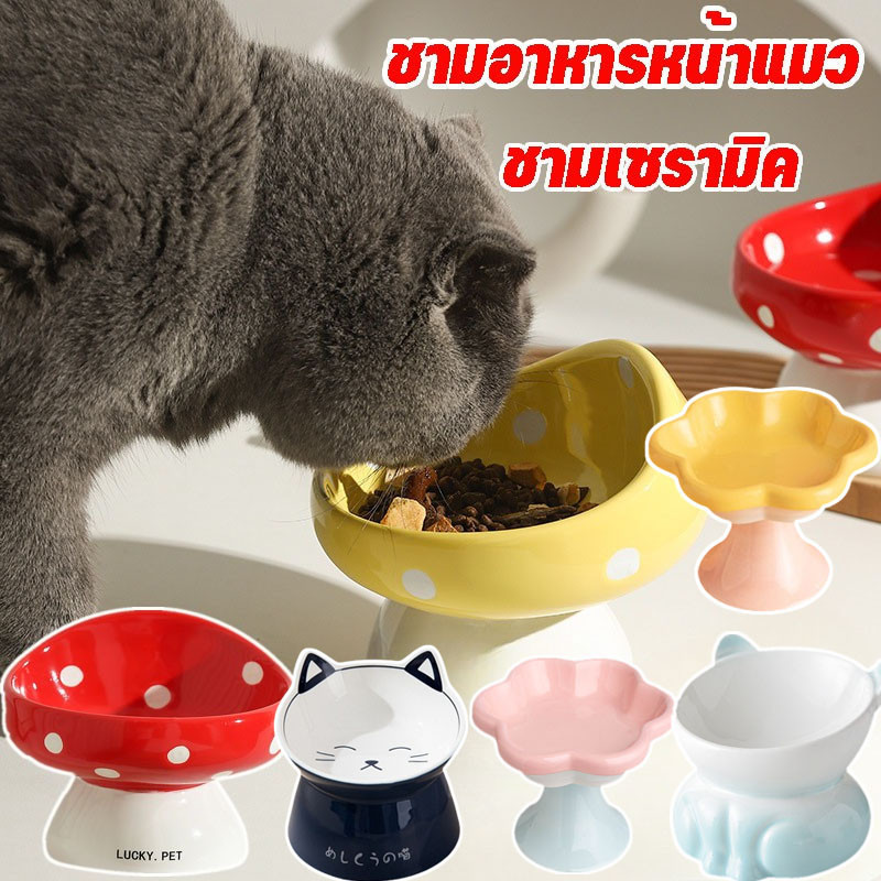 ชามอาหารหน้าแมว ชามเซรามิค รูปร่างเห็ด สำหรับสัตว์เลี้ยง สุนัข แมว