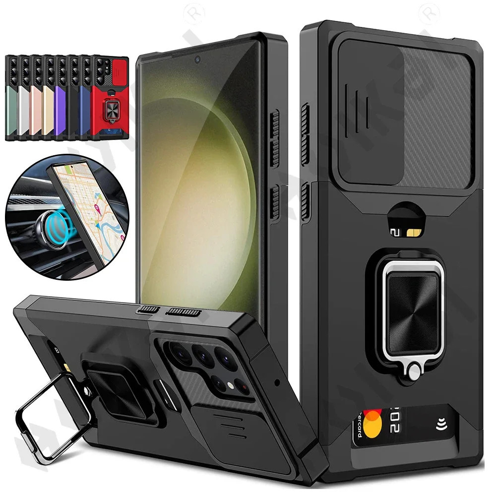 SAMSUNG เกราะกันกระแทกช่องใส่การ์ดกระเป๋าสตางค์ทหารสไลด์กล้องเกรดสําหรับsamsung S24 S23 S22 S21 Ultra Plus S23 S21 S20 FEหมายเหตุ20 Plus A55 A35 A15 A25 Hardปกหลัง
