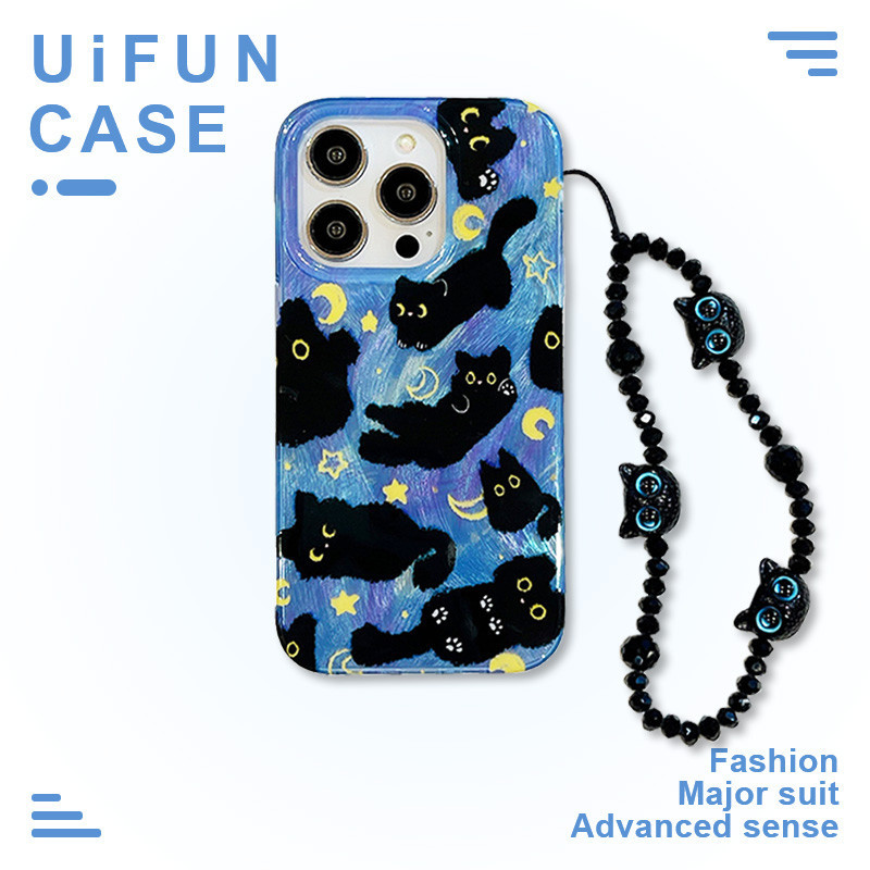 Art Starry Sky Feather เส้นด้ายสีดําแมวเคสโทรศัพท์สําหรับ iPhone 15 14 13 12 Pro Max 15Promax Shock Proof IMD ปกหลังป้องกันกรณี