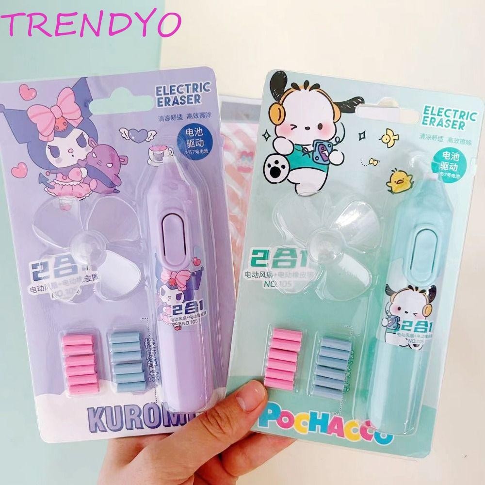 Trendyo ยางลบไฟฟ้าพร้อมรีฟิล, My Melody Kuromi Cinnamoroll Less Rubber Shredder ชุดยางลบอัตโนมัติ, แกนน่ารักเปลี่ยน 2 in 1 ดินสอประหยัดแรงงานเช็ดยางลบนักเรียน
