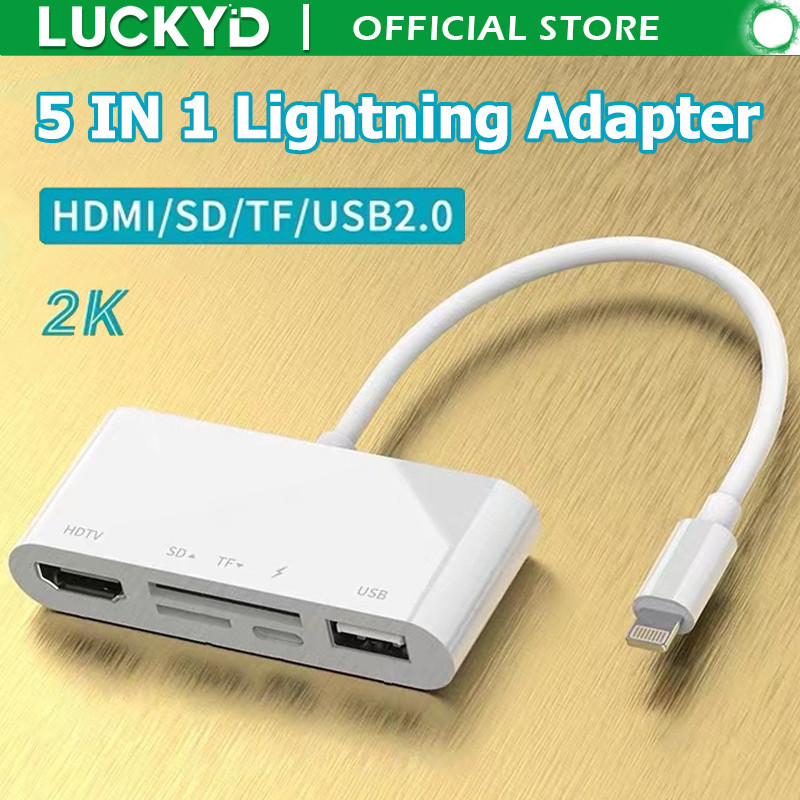 Luckyd Lightning to HDMI + SD/TF card reader + USB 2.0 + อะแดปเตอร์พอร์ตชาร์จ, 5 in 1 เครื่องอ่านการ์ดตัวแปลงวิดีโอเสียงสําหรับ iPhone 14 Pro 13 12 11 XS MAX 8 7/เมาส์/คีย์บอร์ด/ดิสก์ U/แล็ปท็อป