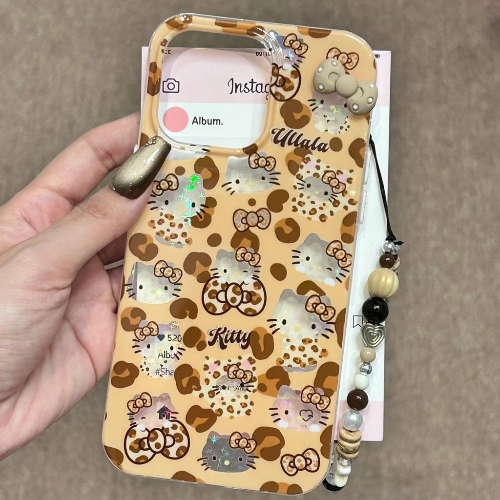 Sweet Cool Brown Leopard Print KT Cat Apple 15/14pro Phone Case 13/12/11 Soft Case xr/xs Girl 78p