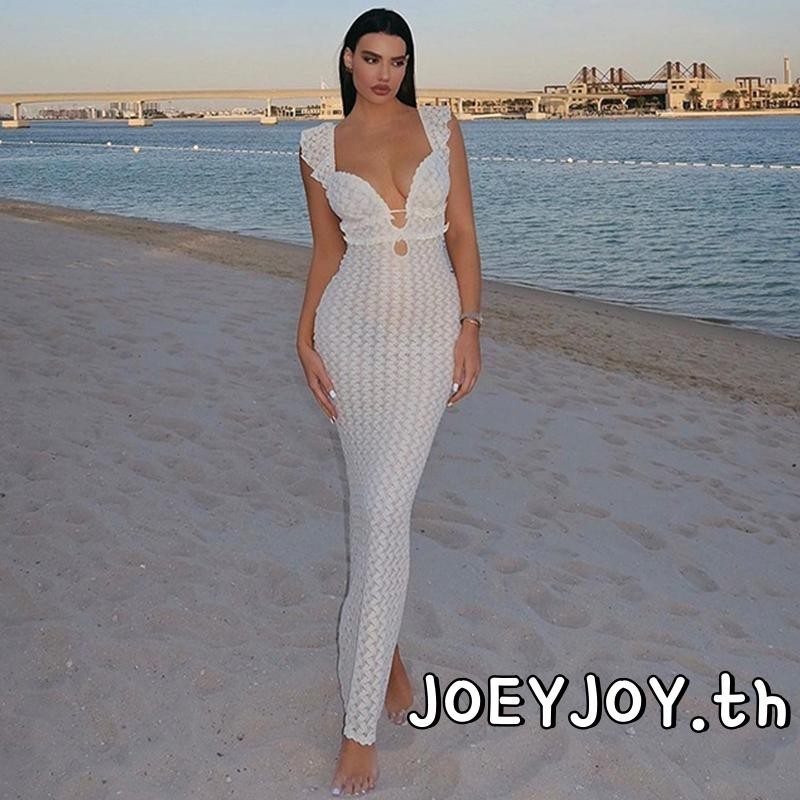 Joeyjoy-เดรสถักยาวผู้หญิงฤดูร้อนแขนบินคอวีลึกนัวเนียเปิดหลังชุดแบบผูก