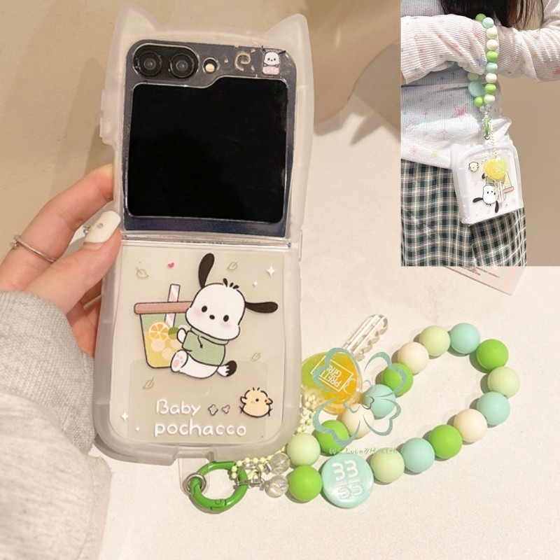 สร้อยข้อมือขอบหูแมวน่ารักเคสใสนุ่ม Samsung Galaxy Z Flip 6 Z Flip 5 Z Flip 4 Z Flip 3 Anti-drop Casing with Link Buckle กันกระแทก Z Flip6 Flip5