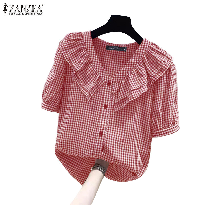 Zanzea เสื้อเบลาส์แขนสั้นลายหมากรุกคอวีลําลองเกาหลีสําหรับผู้หญิง
