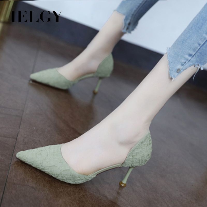IELGY French Fresh Hollow Heels Summer Green Stiletto รองเท้าผ้าใบ PU