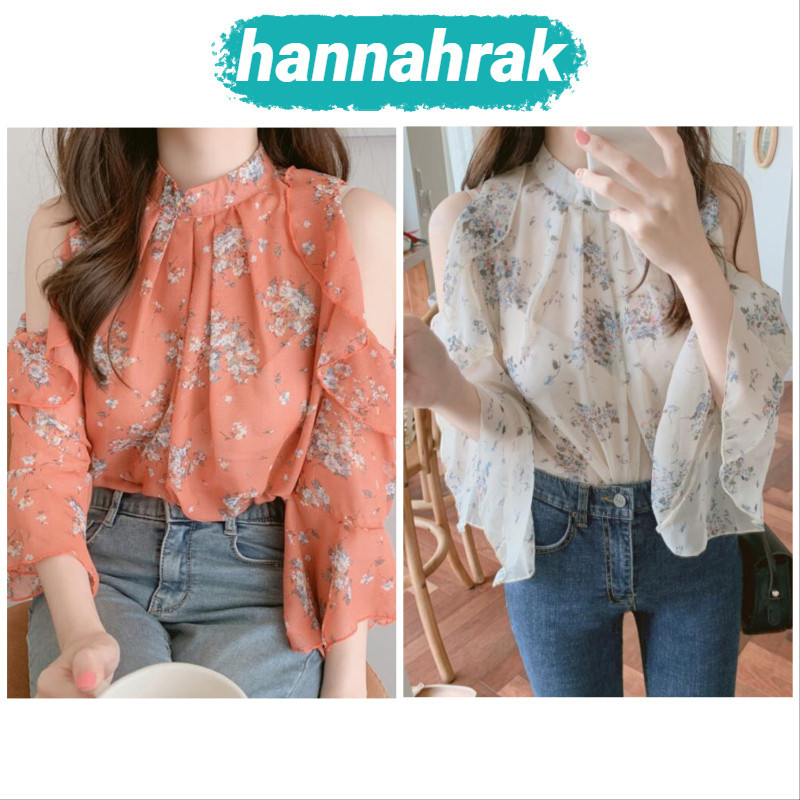 (ส่งจากกรุงเทพฯ) เสื้อเชิ้ตโชว์ไหล่ลายดอกสไตล์ฝรั่งเศ เก๋ เสื้อผู้หญิงผ้าบางชีฟอง เสื้อผ้าแฟชั่นเกาหลีผู้หญิง