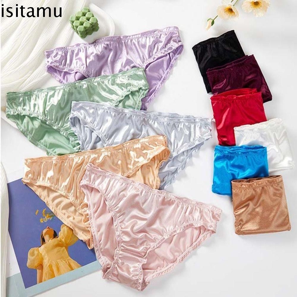 Isitaft กางเกงชั้นในผ้าไหมซาติน เอวต่ํา Ruffles บาง สีทึบ เรียบง่าย สําหรับผู้หญิง Lady