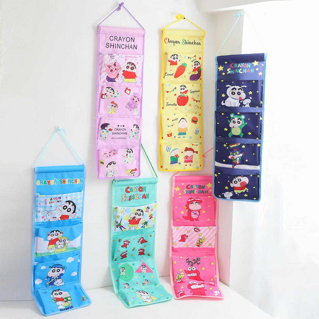 น่ารักติดผนังแขวนกระเป๋าการ์ตูนเครยอนชินจังแขวนกระเป๋ายาวสไตล์4ช่องครัวแขวนกระเป๋าหลังประตูติดผนังถุงเก็บผ้าฝ้ายผ้าลินินข