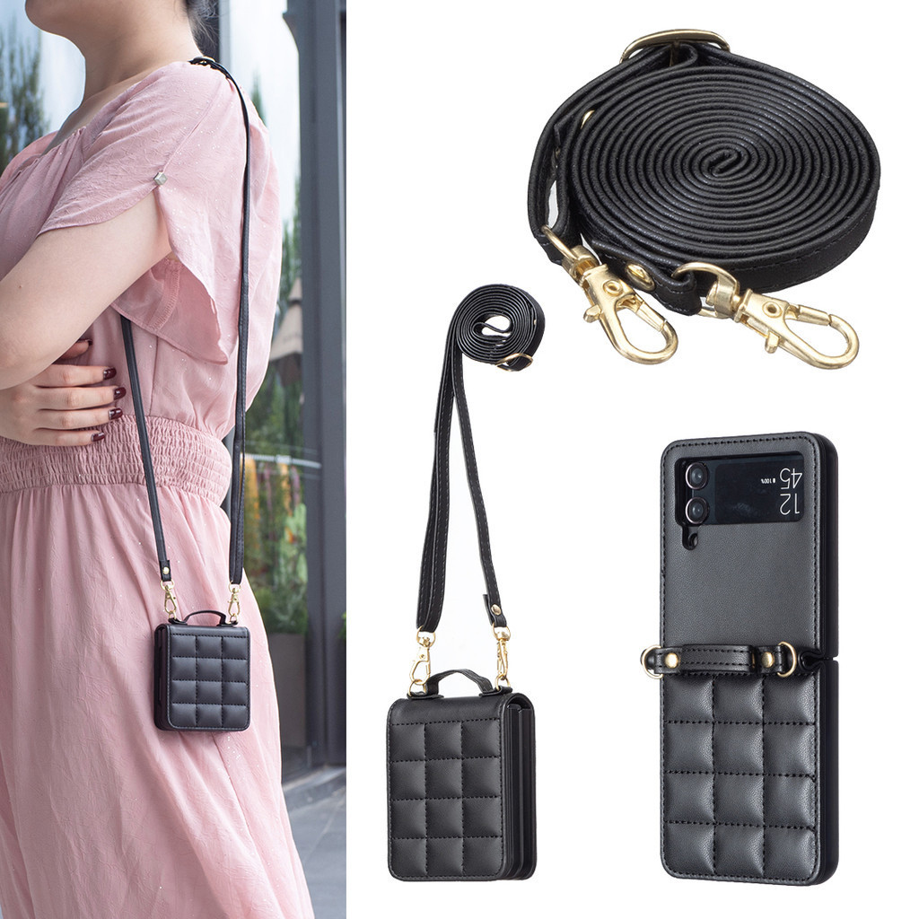 หรูหราแฟชั่นลายนูนหน้าจอพับโทรศัพท์มือถือสําหรับ Samsung Galaxy Z FLIP 3 FLIP 4 FLIP 5 FLIP 6 หนัง PU กันกระแทกป้องกันปลอกพร้อมเชือกแขวน