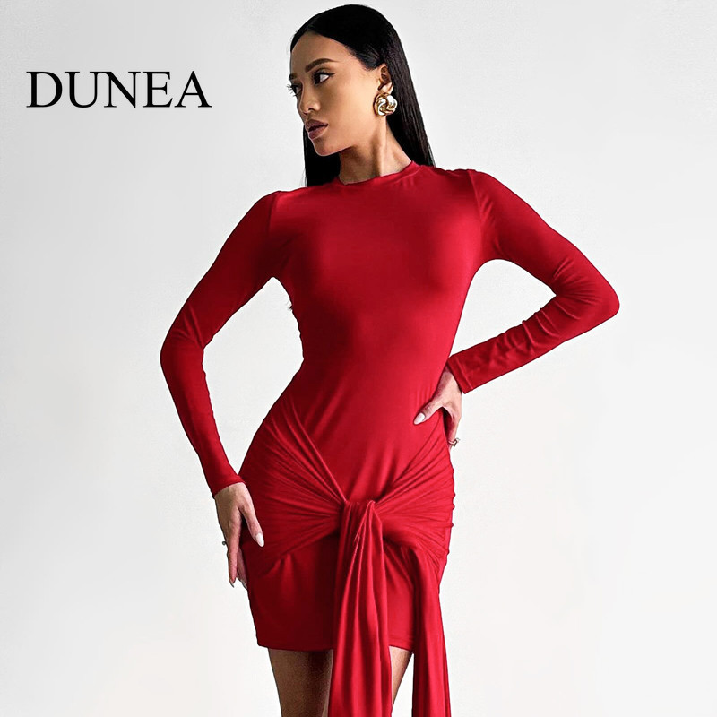 Dunea ชุดเดรสแขนคอกลมแฟชั่นริบบิ้นทรงสลิม