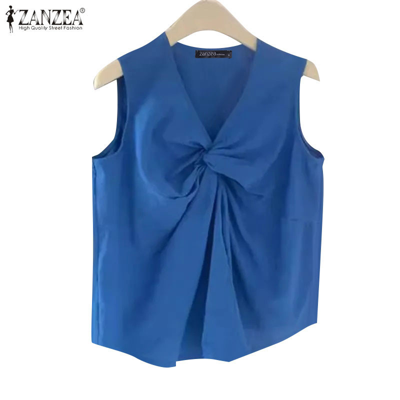 ZANZEA ใส่ ซานเซีย ผู้หญิงแฟชั่นเกาหลีสีธรรมดาบิดคอวีแขนกุดหลวมถัง