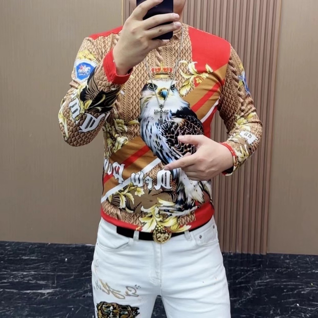 สไตล์ยุโรปอินเทรนด์2024ฤดูใบไม้ร่วงฤดูหนาวผู้ชายแสงหรูหราแขนยาวเสื้อยืดแฟชั่นนกฮูกพิมพ์รอบคอเสื้อยืด - รูปที่ 2