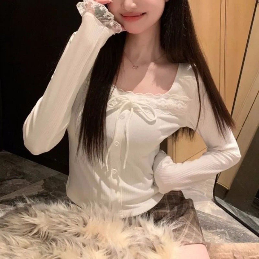จัดส่งในกรุงเทพฯ ฤดูใบไม้ร่วงสั้นลูกไม้ลูกไม้แขนยาวสลิมด้านบน ตกแต่งโบว์ เสื้อ