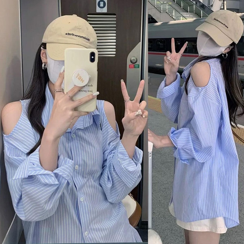 Dahong w435เสื้อเชิ้ตคอปกแขนยาว Oversize เหมาะสำหรับผู้หญิงคลูๆ ใส่เที่ยวสวยๆ สีน้ำเงิน ดีไซน์เปิดไหล่ หวานสวย