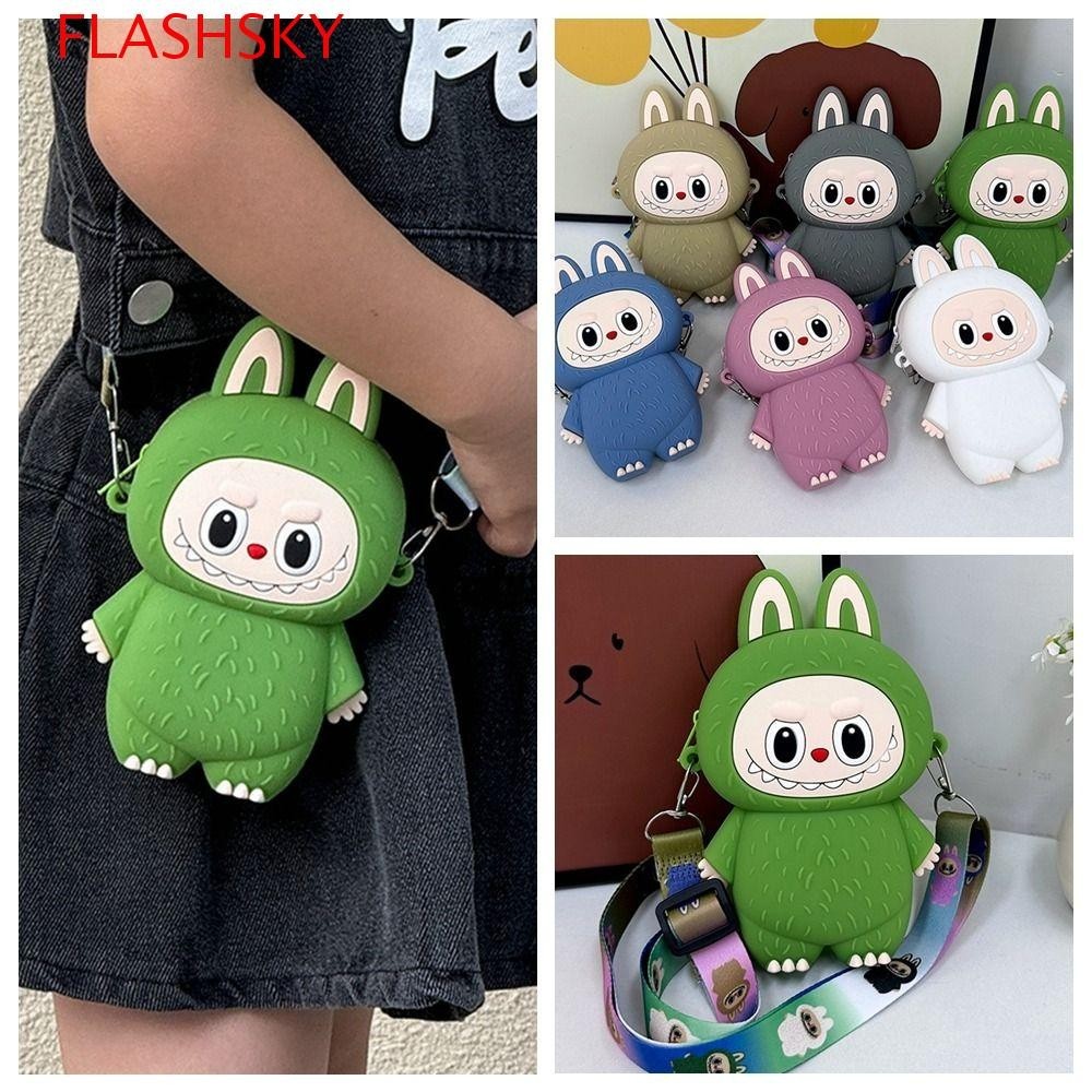 Flashsky Labubu กระเป๋าสะพายข้าง, กระเป๋าใส่เหรียญซิลิโคนตุ๊กตา Labubu, กระเป๋าสะพายตลก Little Bunny สไตล์เกาหลีเปลี่ยนกระเป๋าเก็บของสาว
