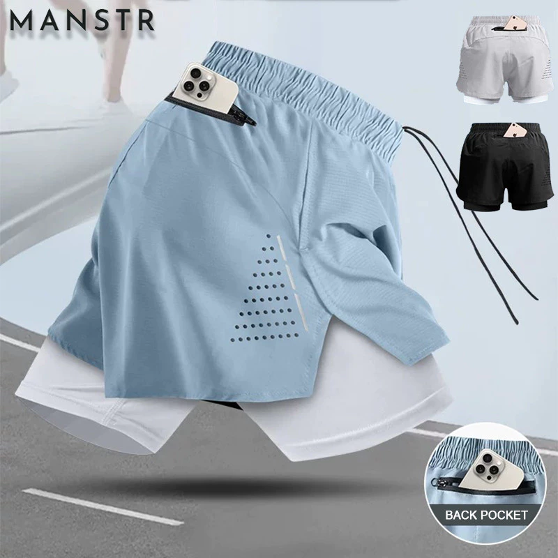 MANSTR กางเกงกีฬาขาสั้น 2in1 ตาข่ายสองชั้น M-5XL ชาย/หญิง สีดำ/เทา/ฟ้า