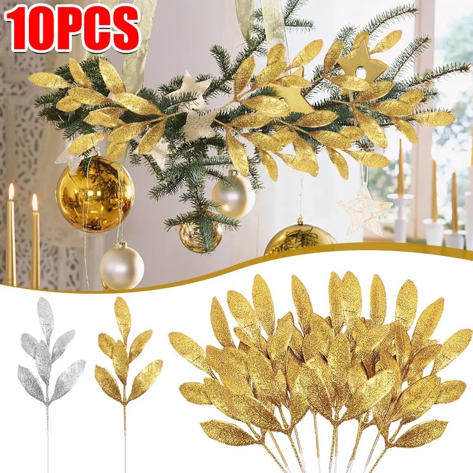 10 ชิ้นเงาใบประดิษฐ์ต้นคริสต์มาส Glitter Gold Silver Leaf จําลองสาขาพวงหรีด DIY ของขวัญเครื่องประดับ