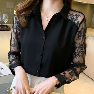 Dahong ❤️ เสื้อเชิ้ต ลูกไม้ เย็บ แขนยาว สไตล์ใหม่ สำหรับผู้หญิง สไตล์เกาหลี เสื้อเชิ้ตใส่ทำงานสำหรับผู้หญิง w449
