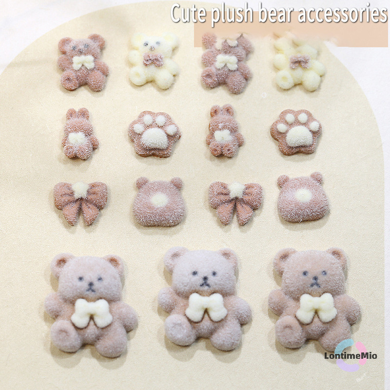 Lontimemio] 10 ชิ้น Kawaii Flocked หมีสีน้ําตาลกระต่ายเล็บอัญมณีน่ารักตกแต่งเล็บอัญมณี Rhinestone อุปกรณ์เสริมสัตว์เล็บใหม่