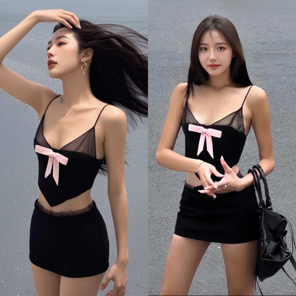 เสื้อสายเดี่ยวพร้อมโบว์ + กระโปรงสั้นทรงเอ สไตล์สาวเวียดนาม ชุดเซ็ท 2 ชิ้น สีดำซิปหลัง