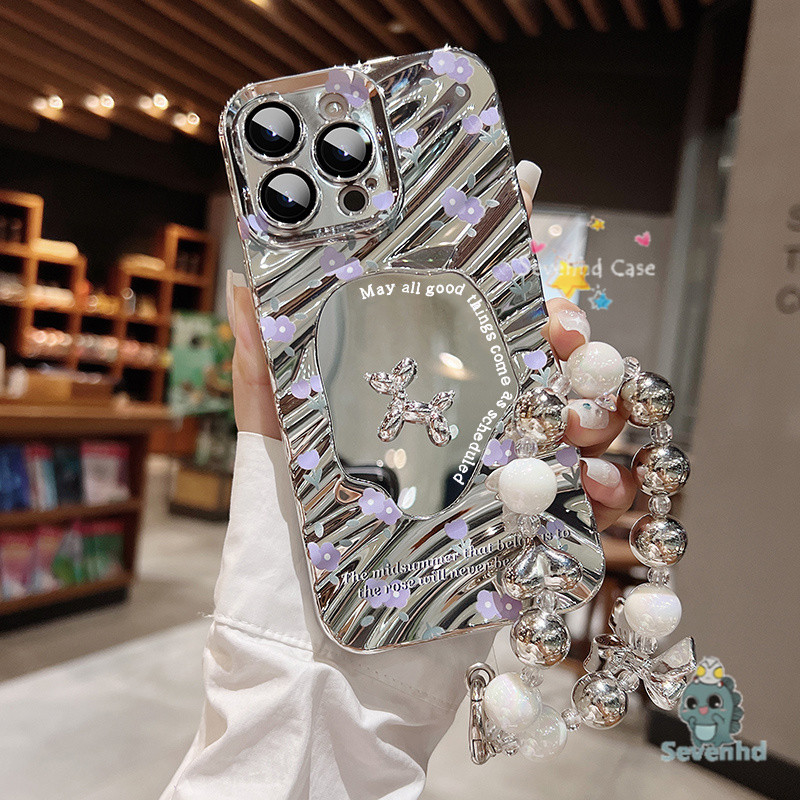 Simple High-end ดอกไม้สีม่วงเคสโทรศัพท์ลูกสุนัขสําหรับ iPhone 11 15 14 13 12 Pro Max X XR Xs Max 8 7 Plus เลนส์คลื่นกระจกไฟฟ้าพื้นผิวฝาครอบป้องกัน