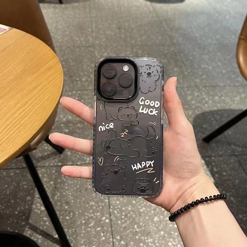 Ins สีดําเส้น NOD BEAR นุ่มโปร่งใสกรณี Anti-Fall เคสโทรศัพท์สําหรับ iPhone 16 Promax 15 Promax 12 13 Mini 14plus 11 Pro Max X XS XR XS Max 7 8 plus Se2020 6G 6Plus