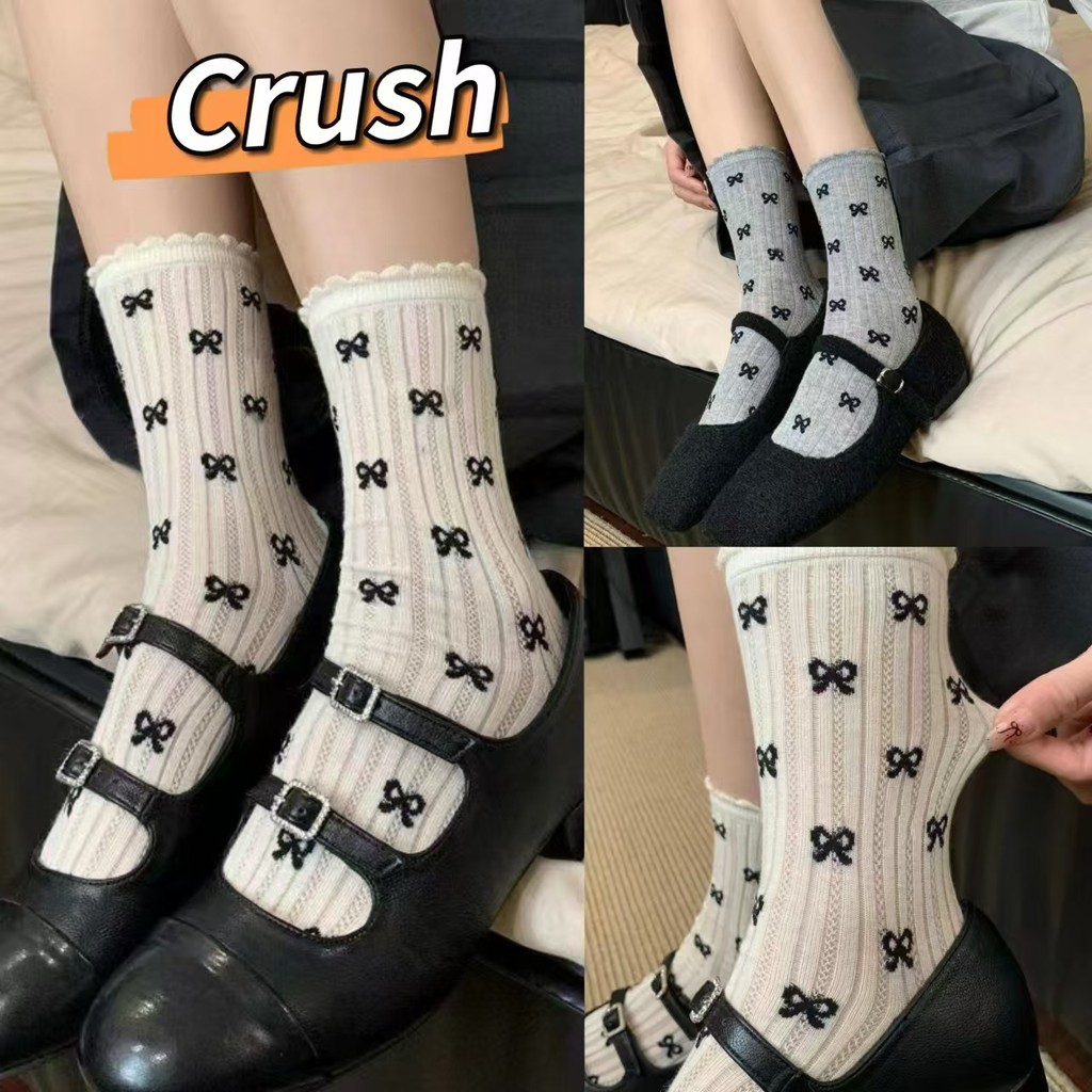 Crush ถุงเท้ากลางหลอด-ผู้หญิง ที่เรียบง่ายน่ารัก ฤดูใบไม้ผลิดีเทลลายโบว์ พร้อมส่งจากไทย(WZ-BOW)