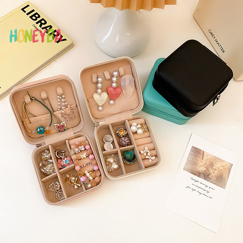 <Honeyba>Mini Jewelry Organizer Display Travel Jewelry Zipper Case Boxes Necklace Ring Portable Jewelry Box Flip Top Storage Nice