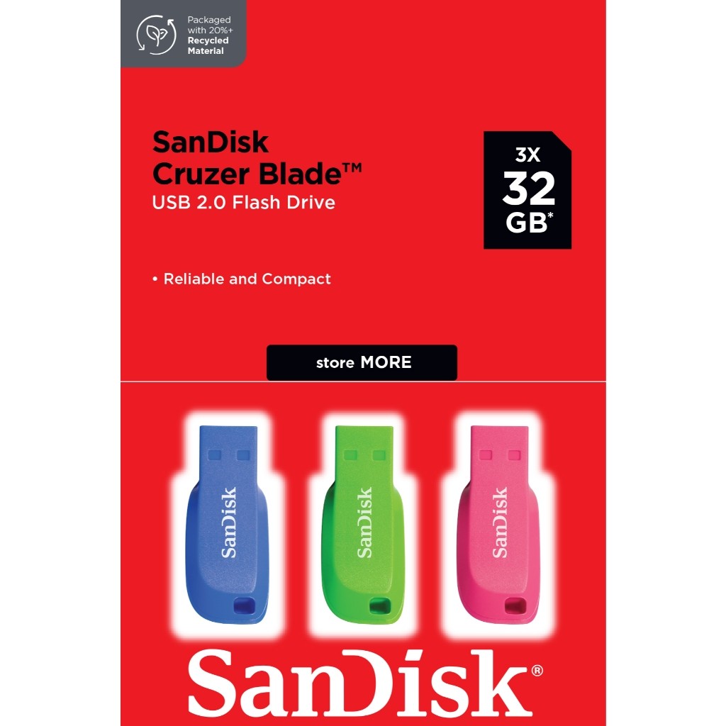 SANDISK แฟลชไดร์ FlashDrive Cruzer BLADE 32GB (Blue) USB2.0 แฟลชไดร์ฟ ของแทั ประกัน Synnex (SDCZ50)
