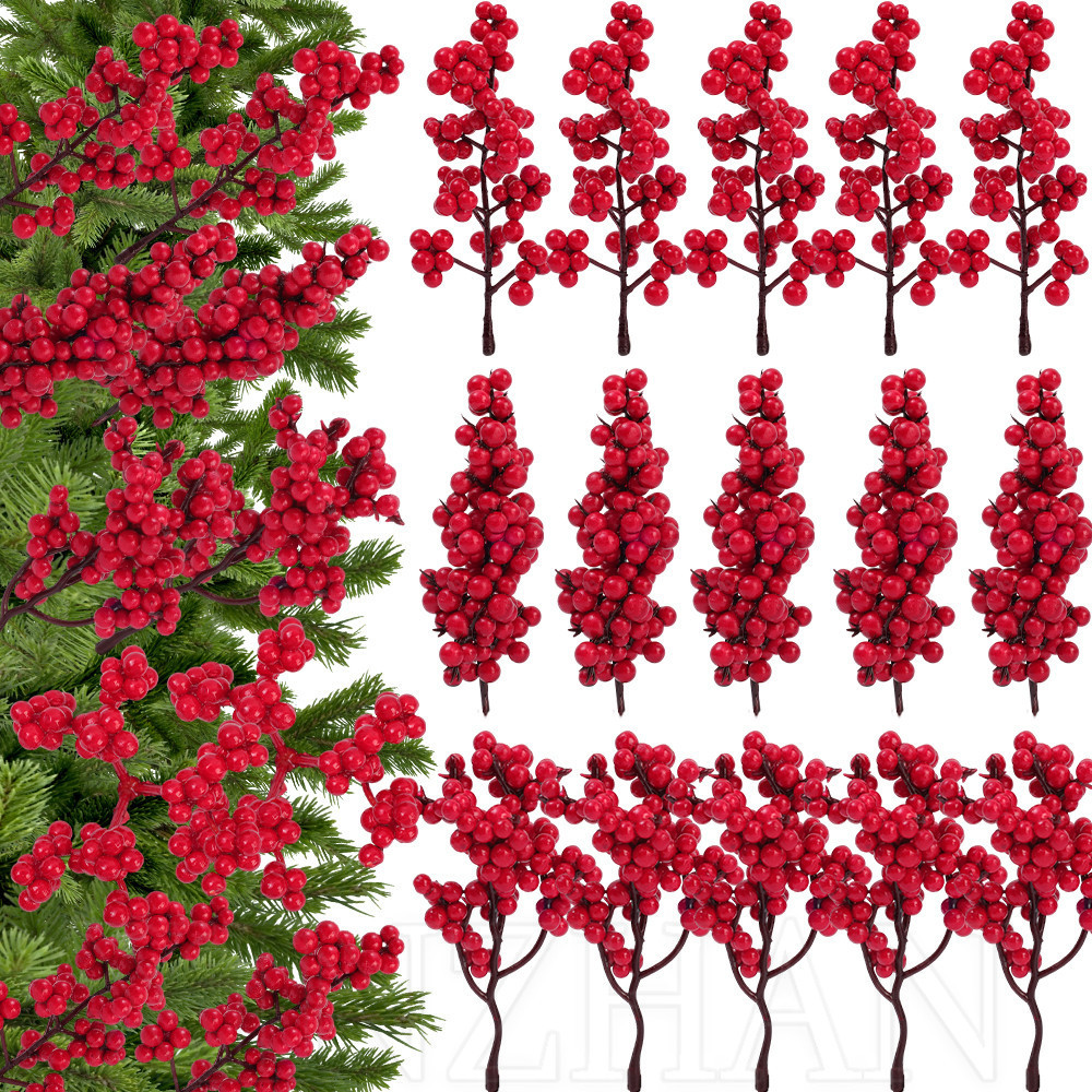 1/3/5pcs คริสต์มาสปลอม Holly Berries - สาขาเบอร์รี่สีแดงประดิษฐ์ - ปีใหม่ตกแต่งบ้านแจกัน - เครื่องประดับต้นคริสต์มาส - ช่อดอกไม้ผลไม้สีแดง - อุปกรณ์พวงหรีด DIY