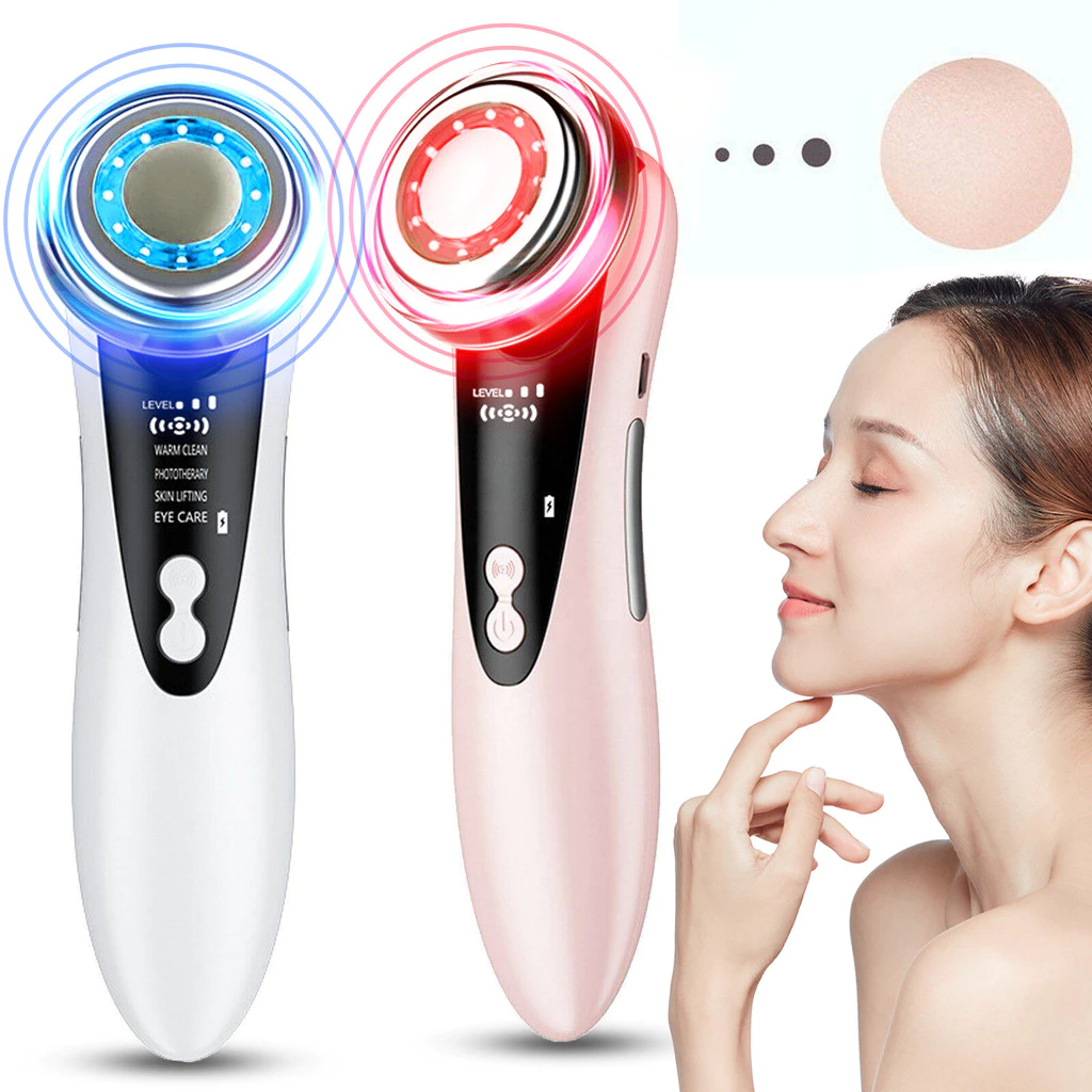 เครื่องนวดหน้าไฟฟ้าอเนกประสงค์พร้อมไฟ LED สีชมพูและสีขาว เครื่องนวดหน้าเพื่อทำความสะอาด ยกกระชับผิว