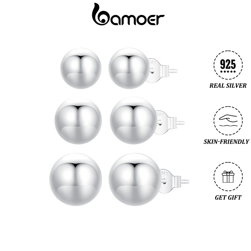 BAMOER บามอส 1คู่ต่างหู925เงินสเตอร์ลิงเศษไม้ต่างหูสตั๊ดทรงกลมของขวัญเครื่องประดับสําหรับผู้หญิง