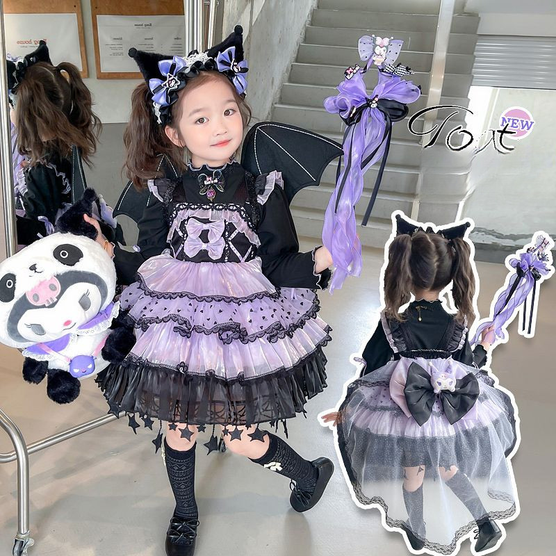 ชุด Kuromi Lolita 2 ตอน แบบ scepter กะโปรงปอมปอม จาก Sanrio สำหรับ Halloween Little Devil Wings และ 
