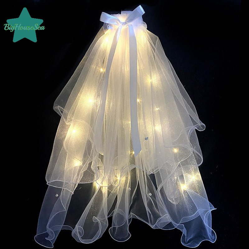 [BigHouseSea] Double Layer Glow Wedding Veil LED Light Pearl Veil Glow In The Dark Party Favor งานแต่งงานวันเกิดคอสเพลย์เครื่องประดับผมใหม่