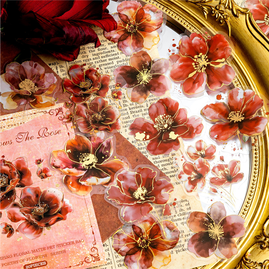 Journamm 20pcs Gold Stamped ดอกไม้สติกเกอร์ PET วัสดุ DIY Scrapbooking Art Collage Junk Journal เครื่องเขียน Planner Decor ไดอารี่สติกเกอร์