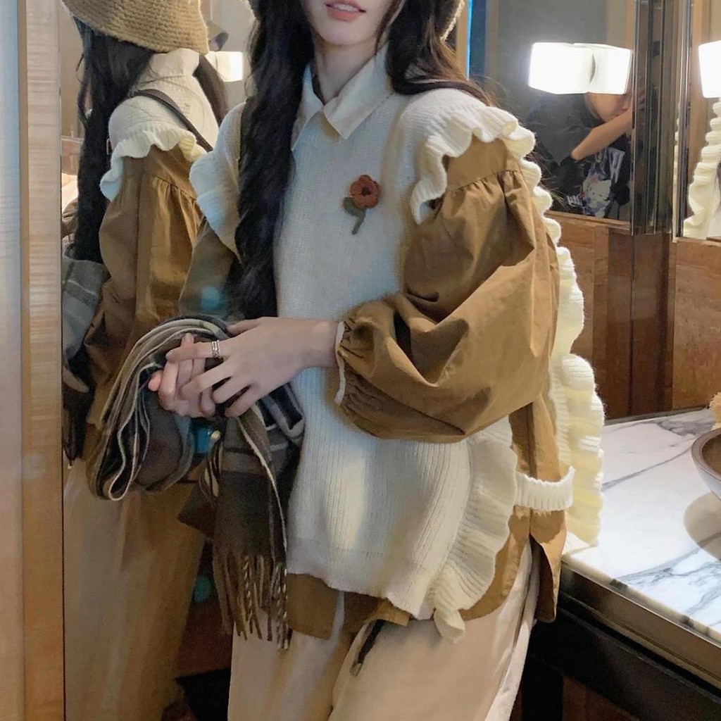 สูทผู้หญิงใหม่หวานและสดถักเสื้อกั๊กสีทึบ + เรียบง่าย ผู้เดินทาง โปโล ปกเสื้อแขนยาวชุดสองชิ้น suit