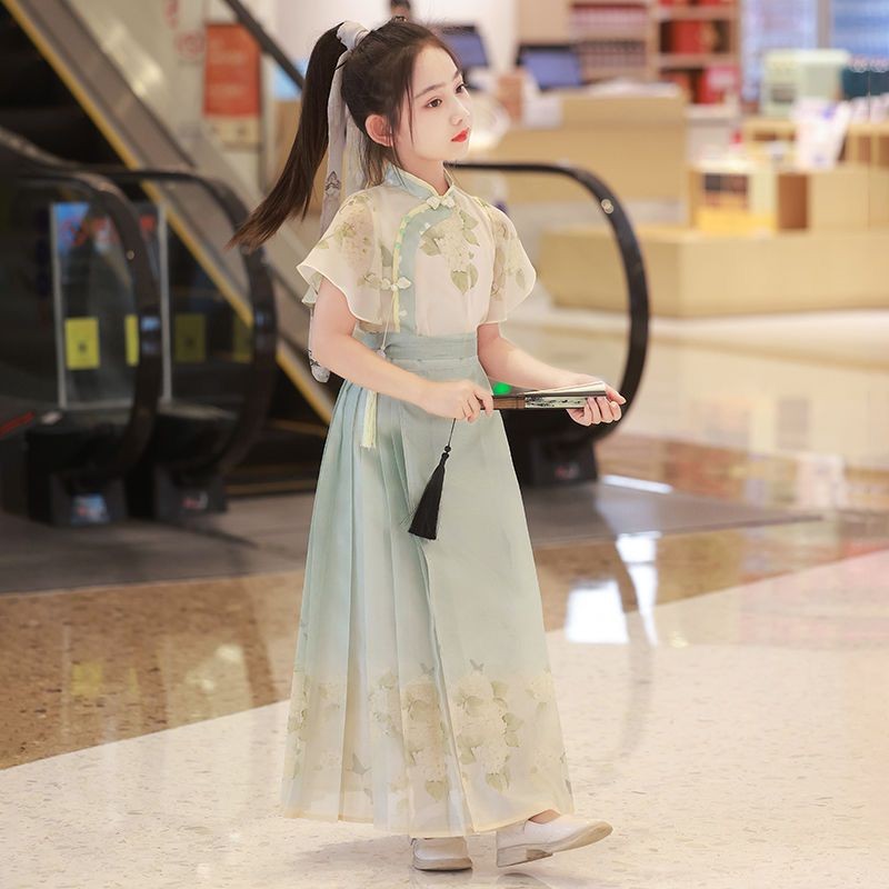 กระโปรงหน้าม้าสาว Hanfu 2024 ชุดสาวสไตล์จีนเครื่องแต่งกายโบราณ Ming Made Tang ชุดเด็ก Hanfu 9.5