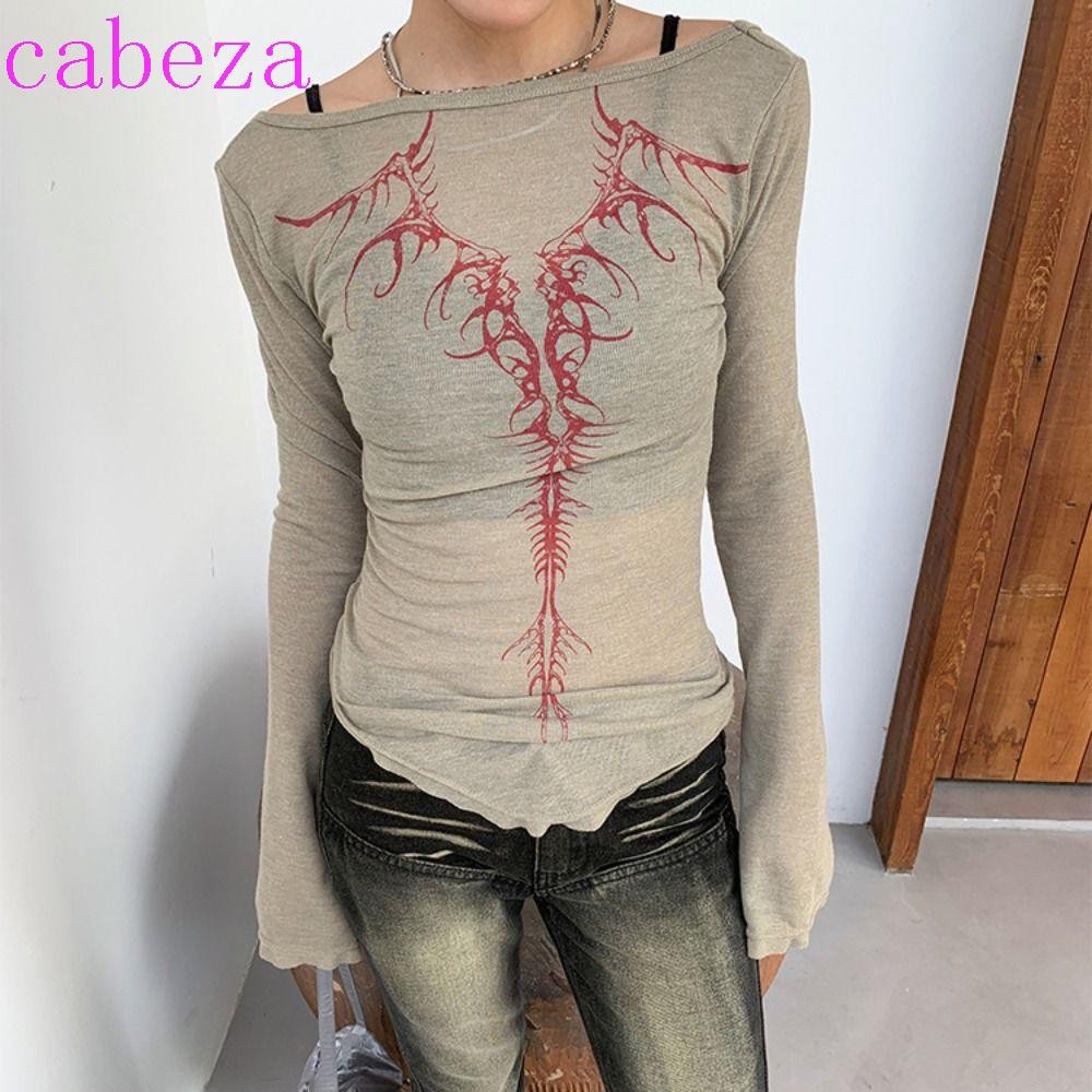 Cabeza แขนยาวแน่นเสื้อยืด, Gothic Punk สวมใส่เสื้อยืดผู้หญิง Y2k, แฟชั่นบาง Slim Streetwear พิมพ์เสื้อสุภาพสตรี