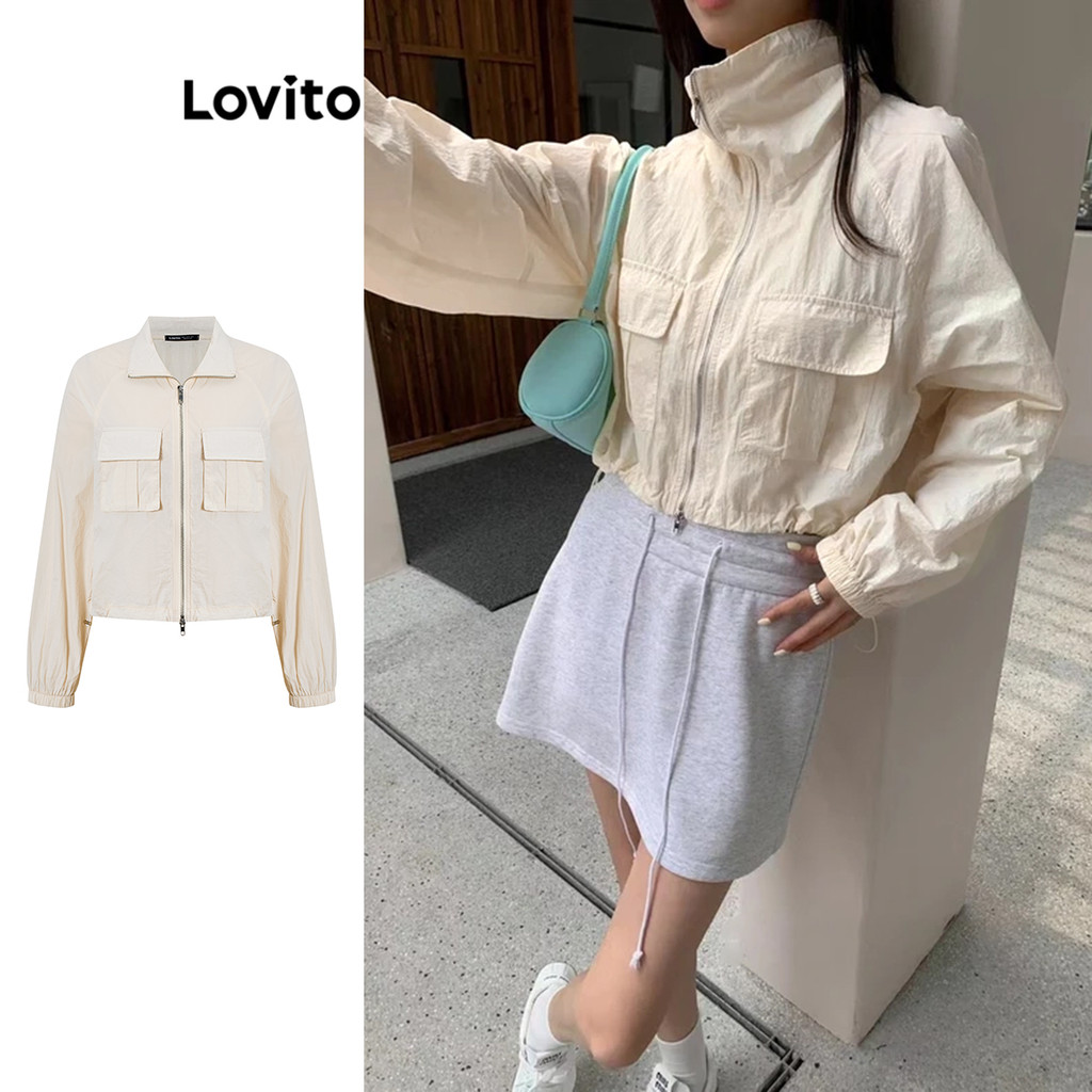Lovito เสื้อแจ็คเก็ตซิปรูดกระเป๋าธรรมดาสำหรับผู้หญิง L101AD315