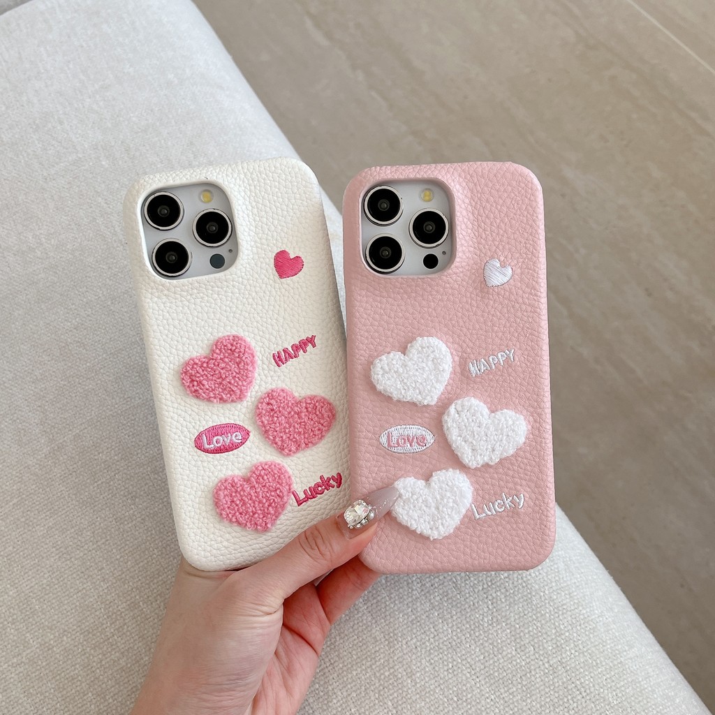 สีชมพูรักปักหนังคุณภาพสูงหรูหราลิ้นจี่เคสโทรศัพท์มินิมอลสําหรับ ไอโฟน 16 15 14 13 12 11 โปรแม็กซ์ 15มือโปร 14 13 12ครึ่งแพ็คโทรศัพท์ด้านหลังปกกร