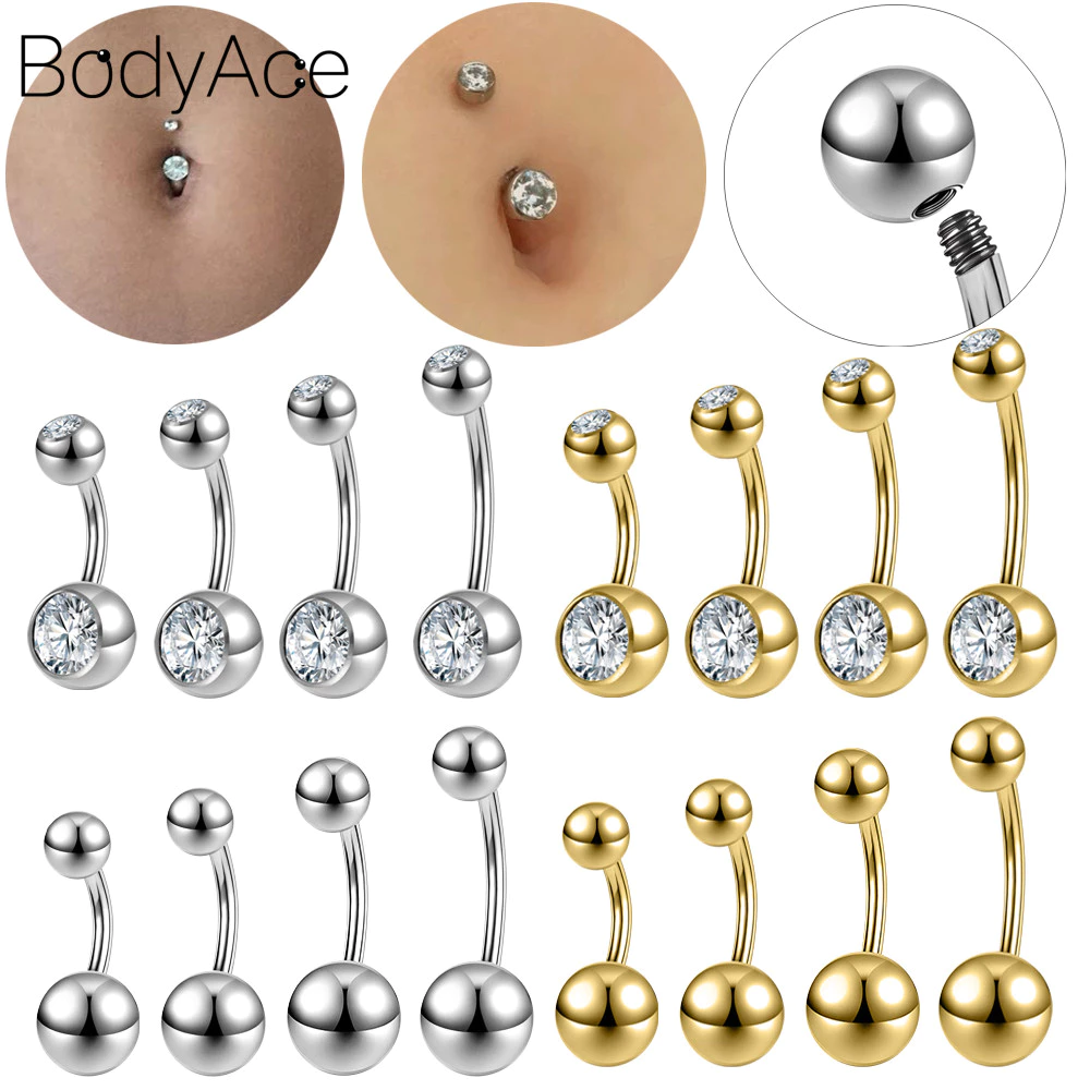 Bodyace 1 Pc Stianless เหล็กแหวนสะดือคริสตัล Navel เจาะ 14G จิวสะดือด้ายภายนอกเจาะร่างกายเงินเครื่องประดับ