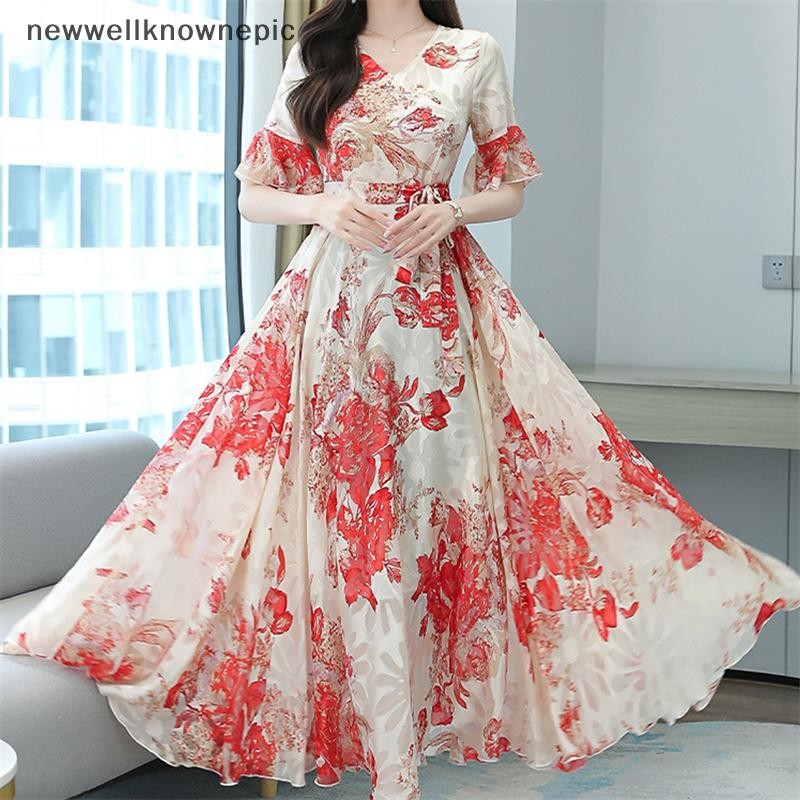 Newwellknownepic 2022 Elegant Women Plus Size Boho Beach Maxi Dress ชีฟองลายดอกไม้ Midi Sundress TH